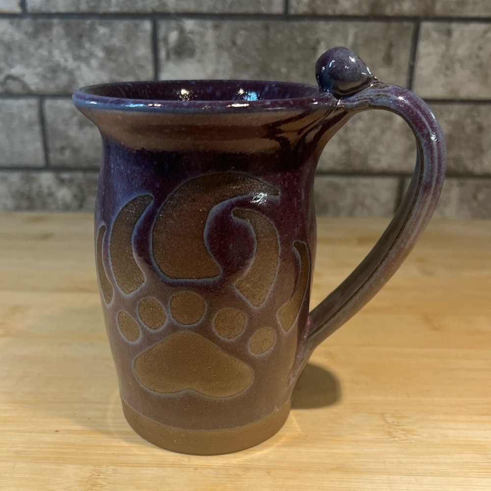 Handmade Alaskan Pottery Mug with Bear Print Design Purple and Gray glaze 5 5/8”